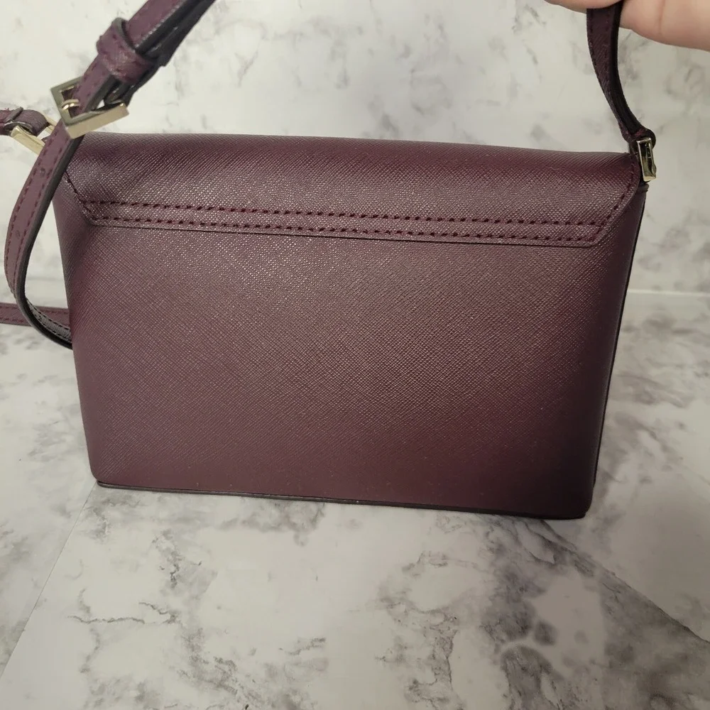 Kate Spade Burgundy Saffiano Leather Crossbody Bag Gold Pyramid Turnlock Plum